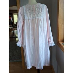 Vintage Vanity Fair Midi Nightgown Size Medium Pink Satin Lace Floral Embroidery